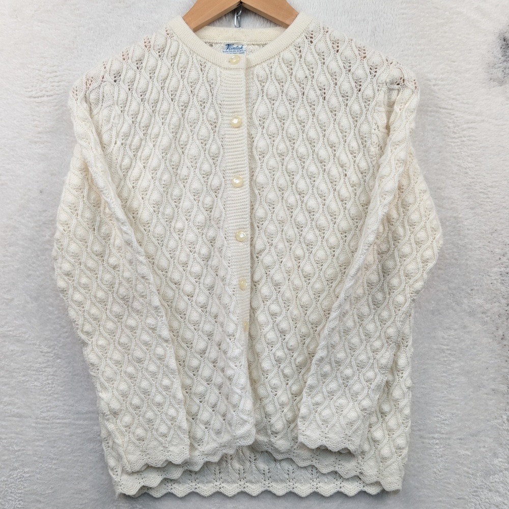 VTG Wintuk Cardigan Women's Medium Off White Popcorn Knit Pointelle Acrylic 70s